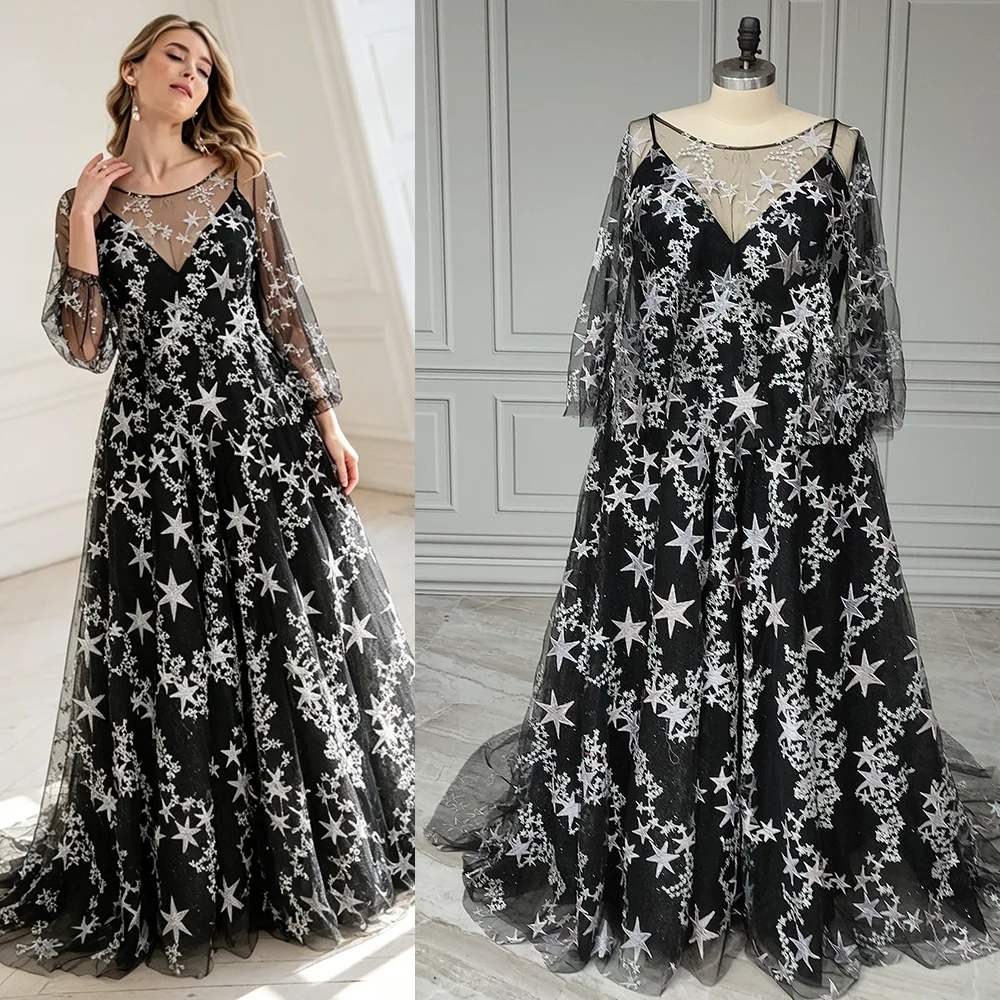 Plus Size Black Starry Bridal Gown A Line Customized Real Photos Open Back Long Batwing Sleeves Celestial Tulle Wedding Dress