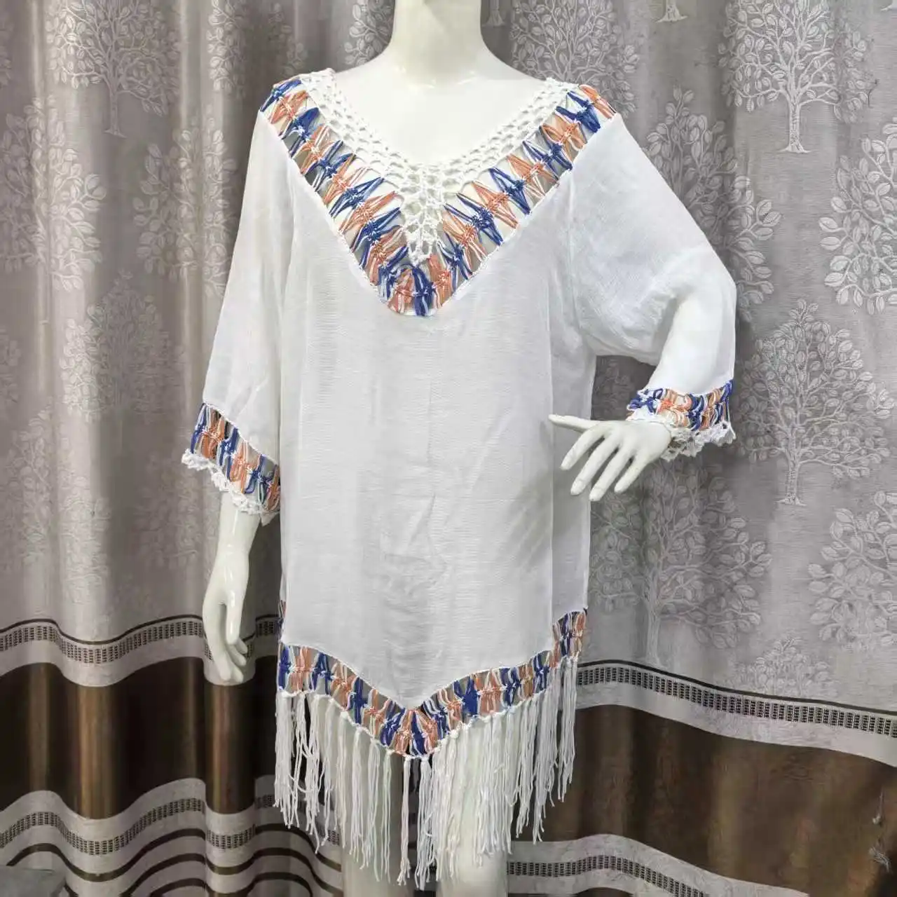 2026 Summer Women's Hand-Crocheted Fringe Beach Cover Up, Out Loose V Neck Short Sleeve Sun Protection Vacation Beachwear Dress
