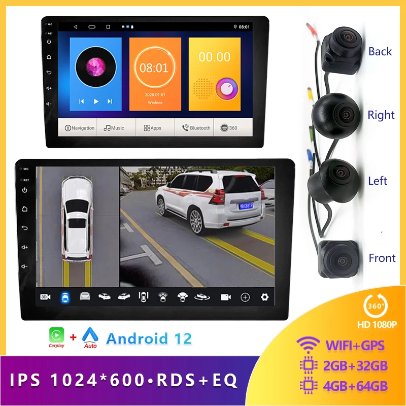 360° Panoramic Camera Android Car Radio HD720P/1080P CarPlay Auto Multimedia Stereo 2Din Universal 9\