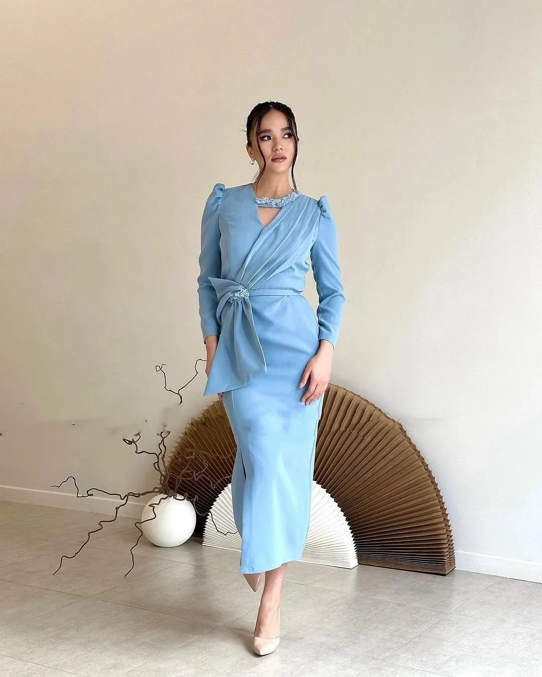 

Flora Dress Sky Blue Long Sleeves Beads O-Neck Ankle-Length Matte Fabric Formal Evening Dresses Wedding Guest Party Porm Gown