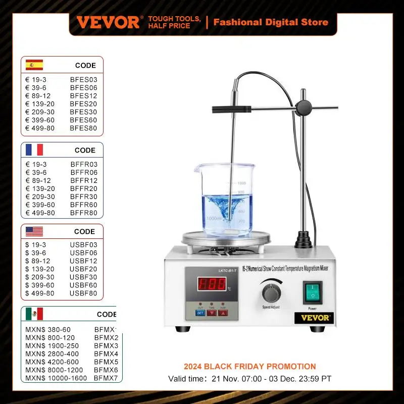 VEVOR 1L Heating Magnetic Stirrer Hot Plate W/ Stir Bar 0-2000R/Min Vortex Mixer Distillation Kit Chemistry Laboratory Equipment