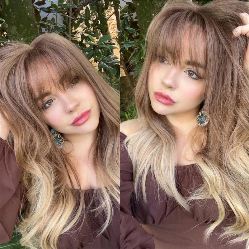 Ombre Blonde Brown Synthetic Lace Front Wig With Bangs Realistic Hairline For Women Fast Shipping Wig 12 Inches High Density