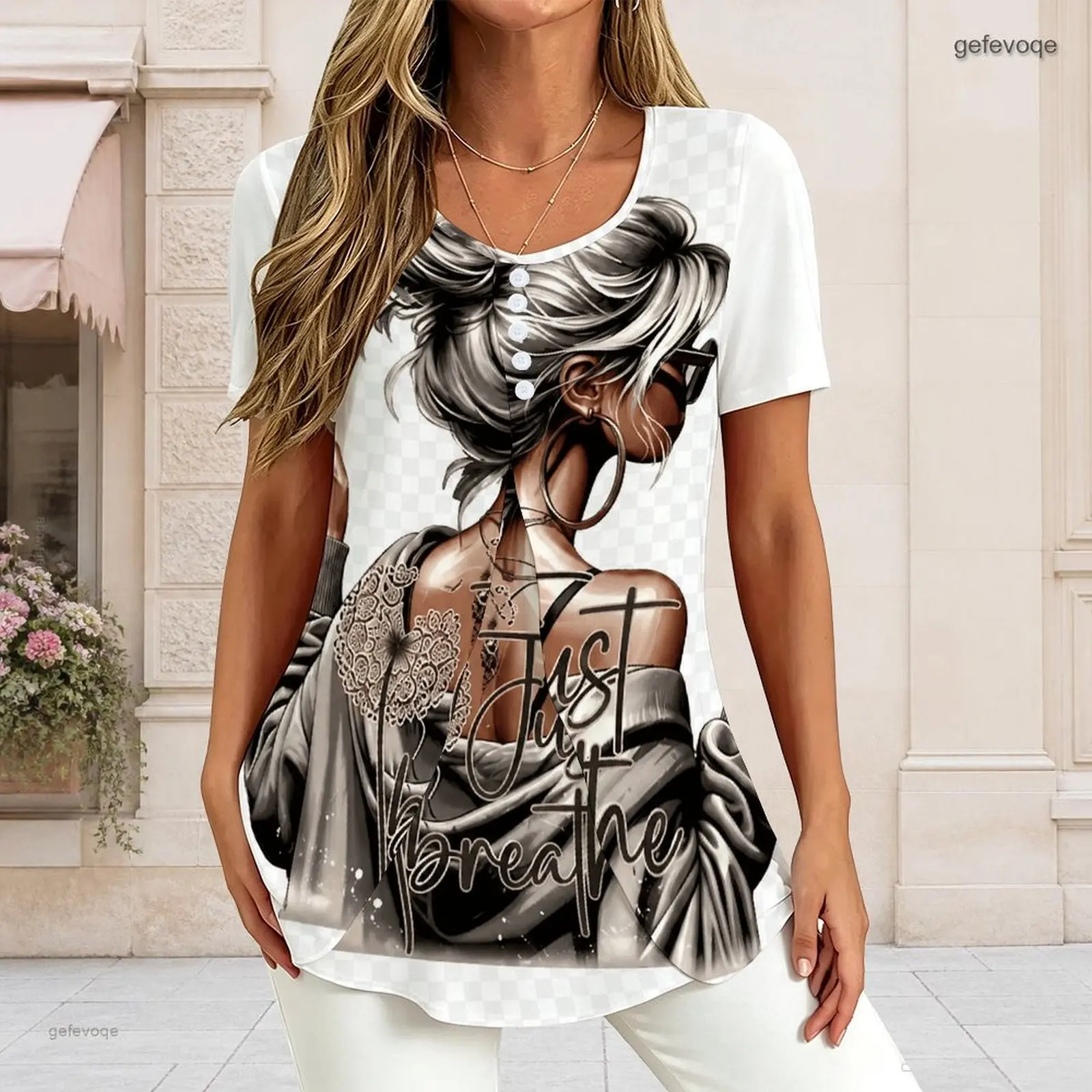 Women V Neck Short Sleeve T Shirt Half Button Placket Fake Two Piece Layered Curved Hem Loose Tunic Top Custom Print Ladies Casu