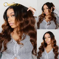 Black Ombre Brown Highlight 3D Body Wave 360 Lace Frontal Wig with Invisi Strap Pre Bleached 360 Full Lace Human Hair Wigs
