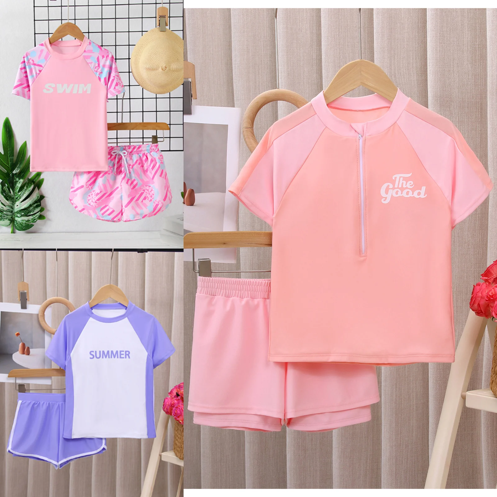 

Girls Two-Piece Rash Guard Swimming Set Swimwear Fashion Print Short Sleeve Top with Shorts for Bathing Beach Holiday Vacation