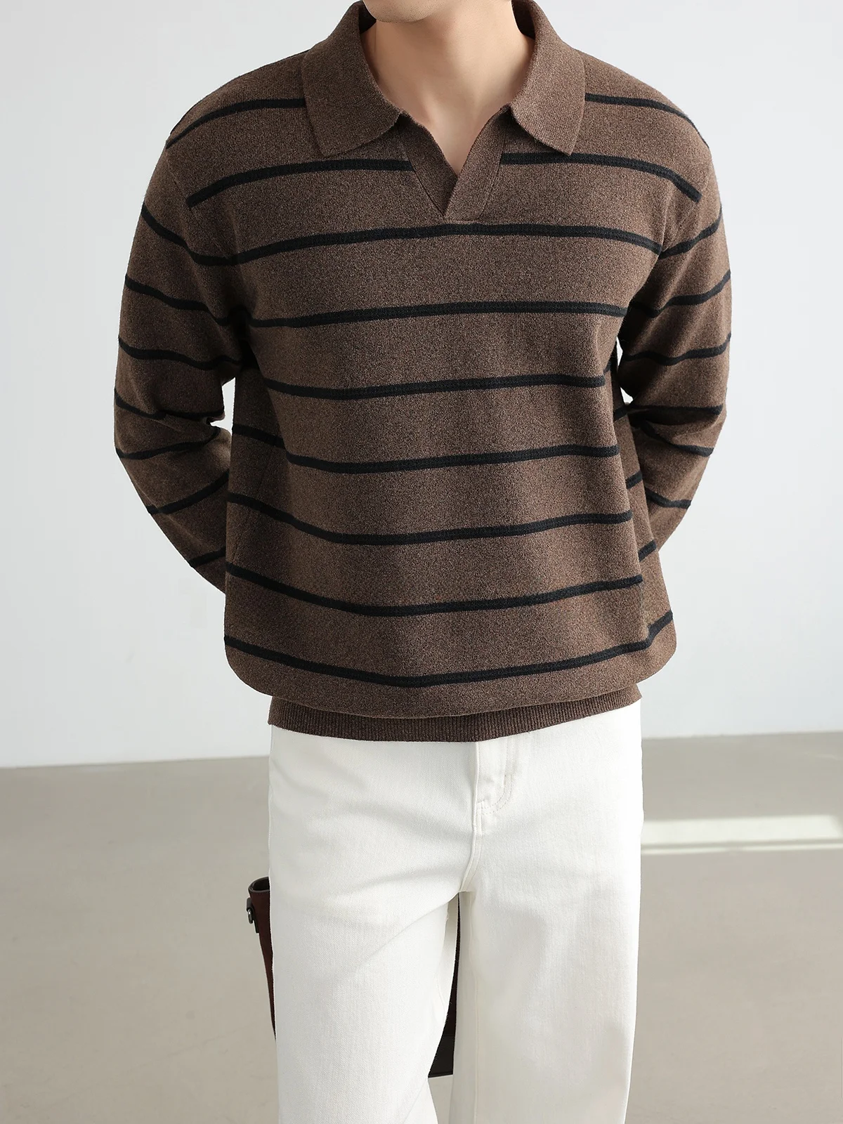 Autumn Winter Men's  Neck Knitted Sweater Casual Horizontal Stripe Pattern Inner Wear Comfortable Breathable Elastic
