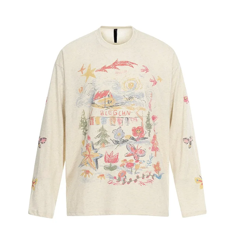 American Retro Hand-drawn Graffiti Print Long Sleeve T-shirt Unisex Loose Slimming Casual All-matching round Neck Top