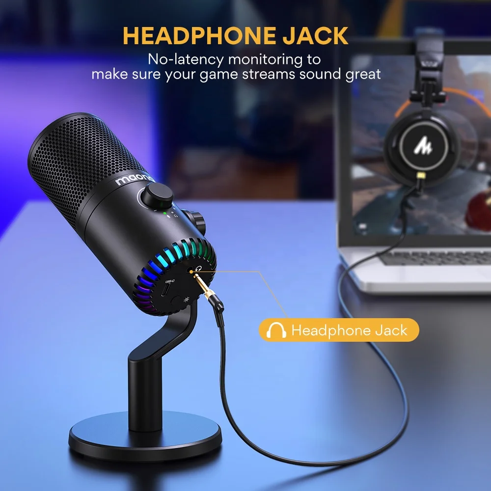 MAONO PC Programmable RGB Gaming Microphone for PC Gamer YouTube Podcast Mic Mute Headphone Jack Gain USB Condenser Microphones view 5