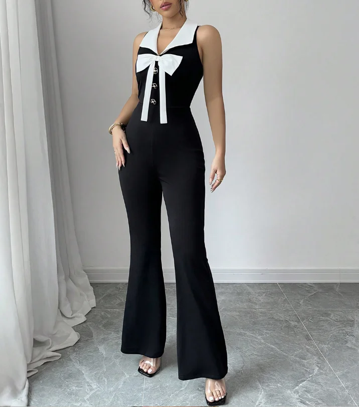 Jumpsuit Women 2026 Spring Summer New Black and White Contrasting Bow Cinched Waist Sleeveless Casual Flared Jumpsuit