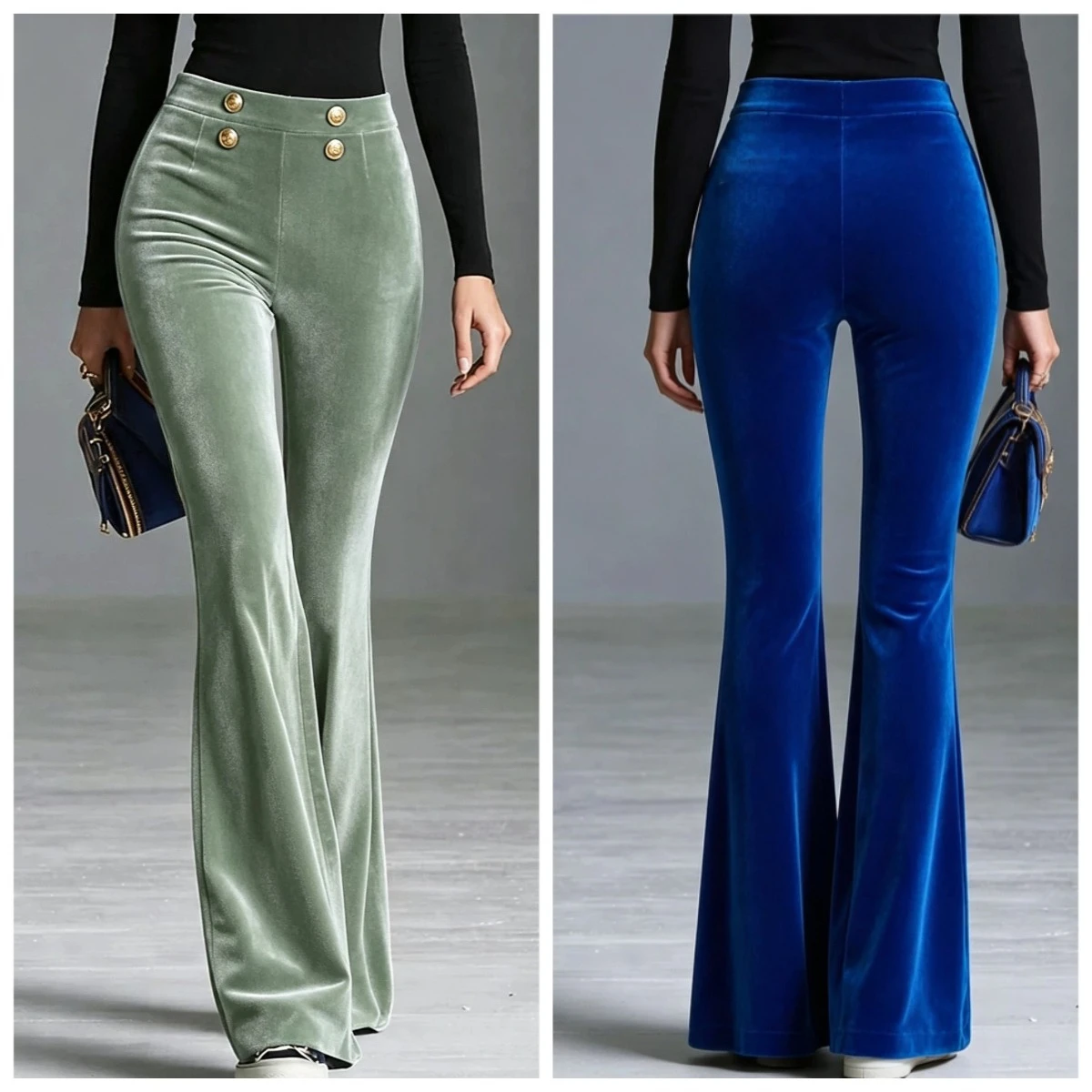 Women Solid Color Velvet Flare Pants Autumn High Waist Gold Button Decor Bell Bottom Trousers Elegant Office Lady Casual Pants
