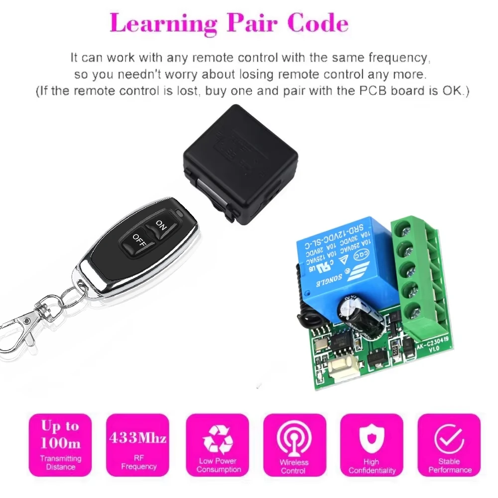 RF 433Mhz Remote Control Wireless Switch DIY Module DC 12V 1CH 10A Relay Receiver Transmitter for Door Electromagnetic Lock