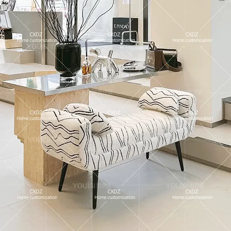 Minimalist Embroidery Lamb Wool Bed End Stool Modern Cream Style Small Sofa for Home Foyer Shoe Changing Bench