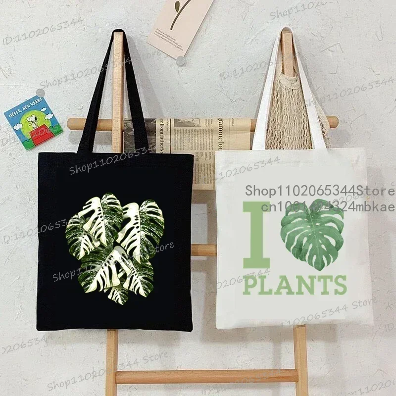 Women Canvas Handbags I Love Monstera Female Reuseable Shopping Bag Student Vintage Plants Tote Bags Woman Monstera Shoulder Bag