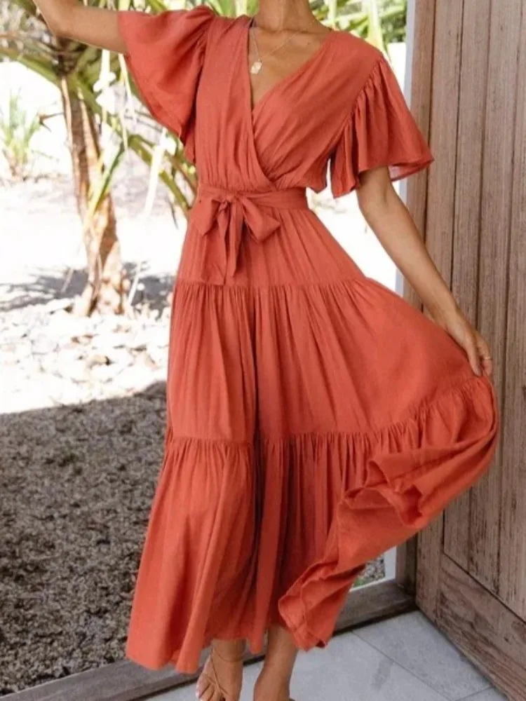 อินเทรนด์สีทึบRufflesชุดยาวผู้หญิงเซ็กซี่VคอRuffleแขนLeace-Up Temperament Elegant Ladyชุด 2025 ฤดูร้อนใหม่