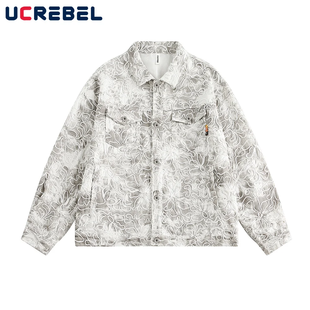 

Tie-dye Embroidery Denim Jacket Mens Pocket High Street Autumn Single Breasted Lapel Long Sleeve Jeans Jacket Men Outerwear