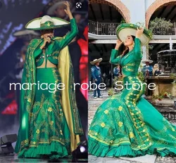 Traje Charro Verde Mermaid Prom Occasion Dresses with Cape Three Pieces Set Outfit Embroidery Mexicano Evening Dress customsize