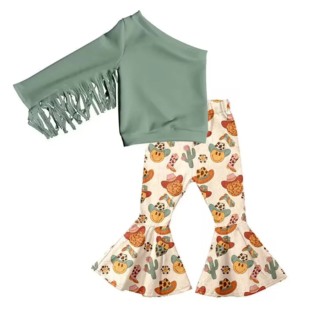 Wholesale girls western set kids clothes tassel cowboys bell bottom pants sets toddler cactus outfits