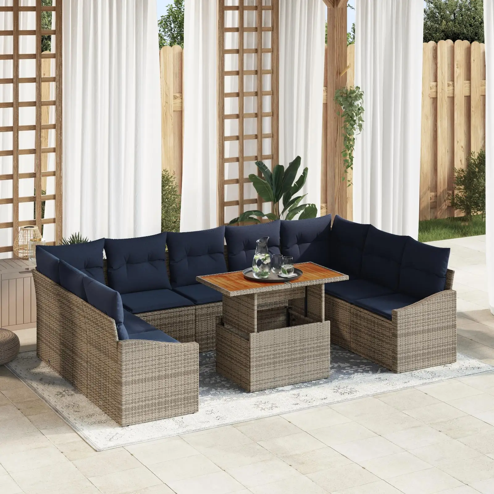 

10 Piece Outdoor Couch Set with Cushions Grey Poly Rattan and Acacia Wood Garden Furniture