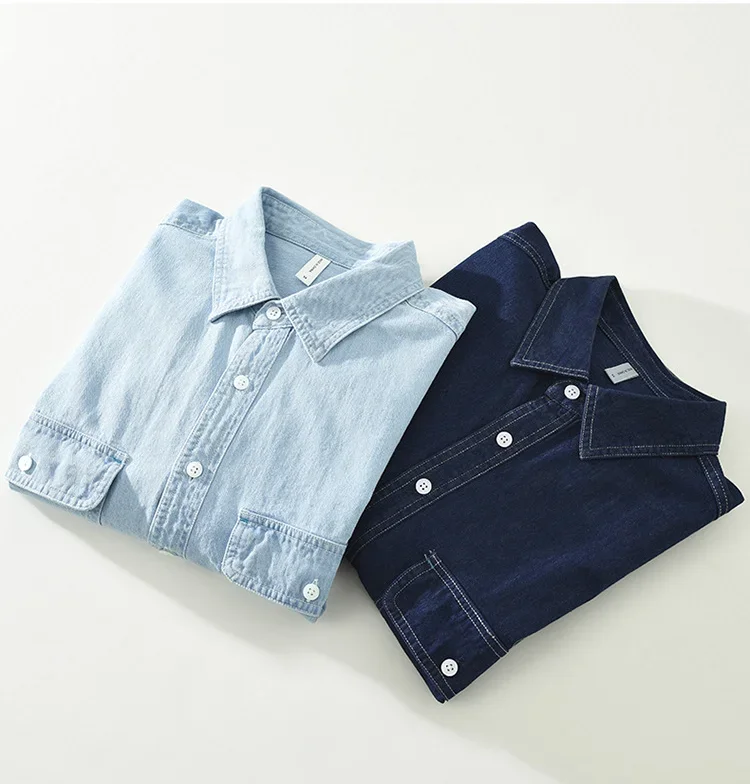 Camisas vaqueras de moda coreana para hombre, ropa informal para primavera y otoño, camisa vaquera de manga larga de algodón puro con bolsillos dobles, camisas diarias para hombre