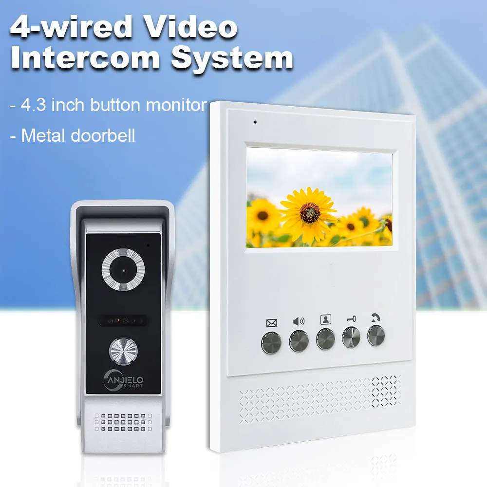 

4-wired video intercom system with 4.3-inch button monitor 92° View Metal Doorbell with IR Night Vision One-key Unlock