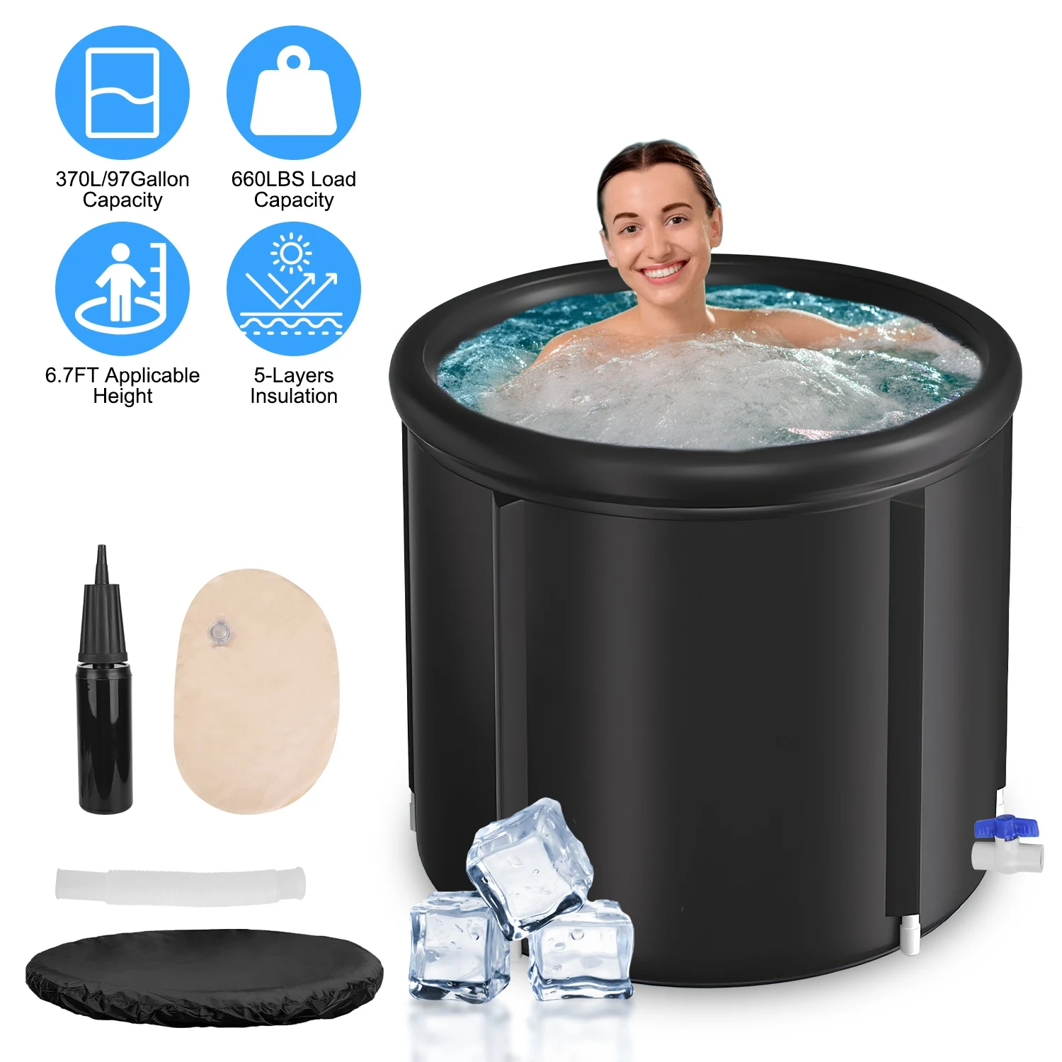 

370L Cold Plunge Tub with 5-Layers Insulation, Portable Ice Bath for Athletes Muscle Recovery, Indoor Outdoor Use
