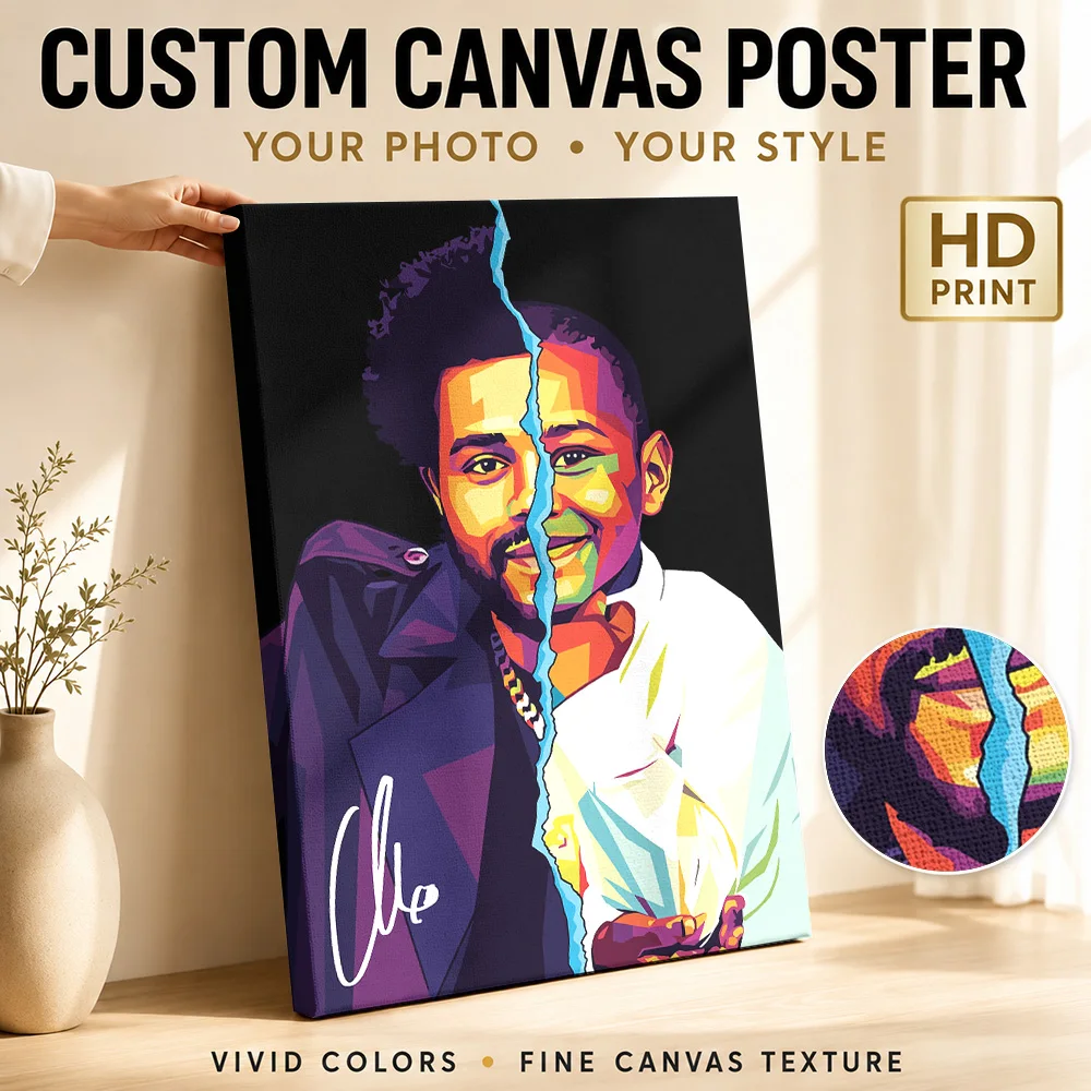 The Weeknd Portrait Framed Canvas Print Customized Photo Geometric Color Blocking Wall Art For Record Room, Music Lover Gift