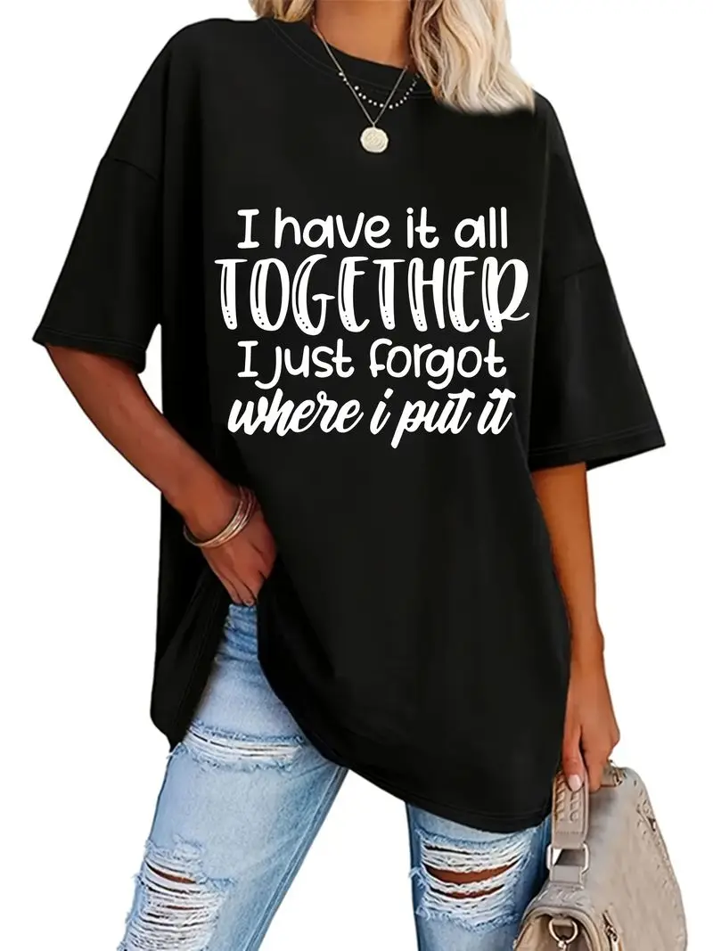 Plus Size Short Sleeve Together Letter Print Oversized Round Neck Fashion T-Shirt Casual Daily Wear For Women Comfortable Gift