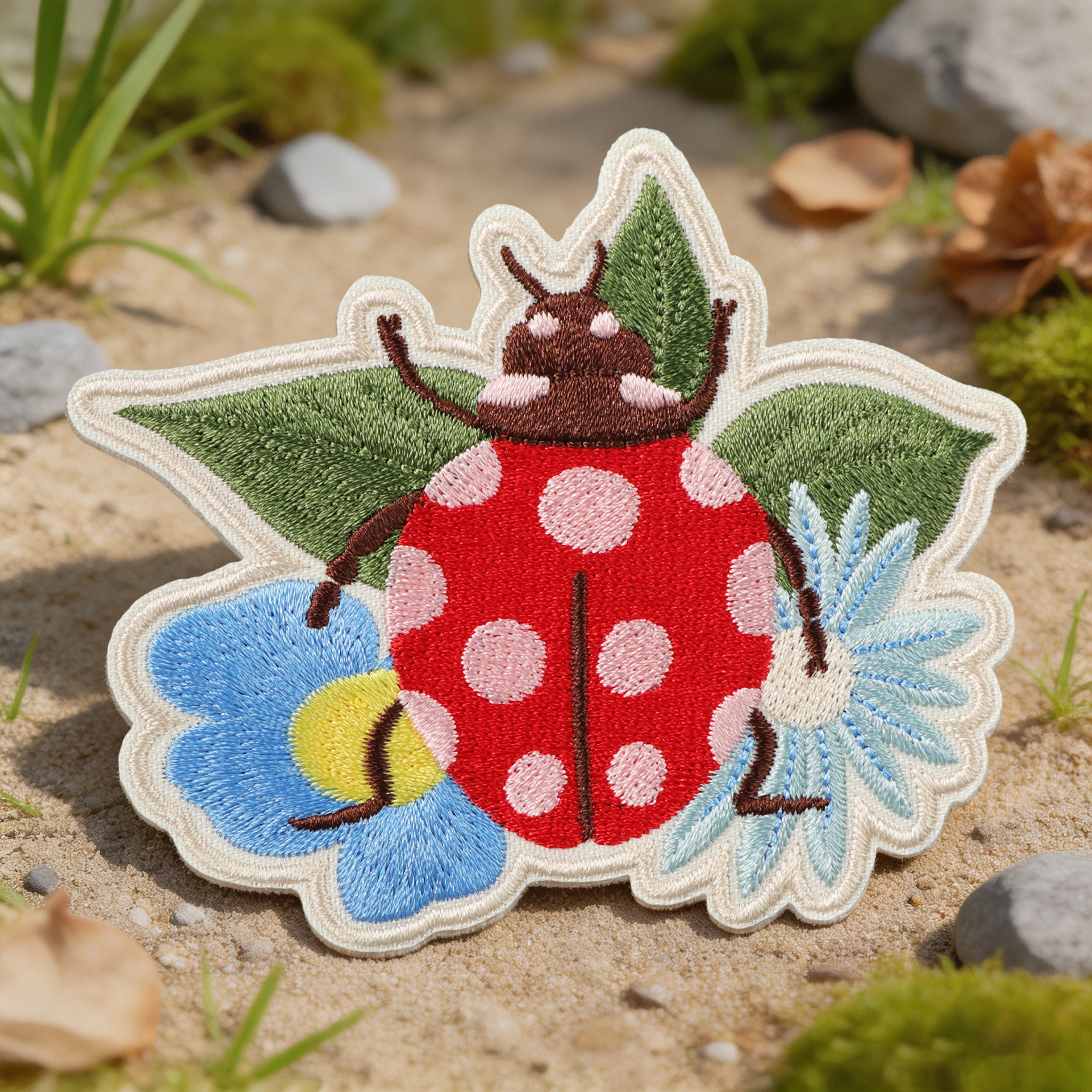 Embroidery Lady Bug - 1個入り、夏らしいテントウムシの花柄刺繍ワッペン。昆虫をモチーフにしたアイロン接着式のバッジで、DIYギフトや洋服、トラックハットの装飾に最適。
