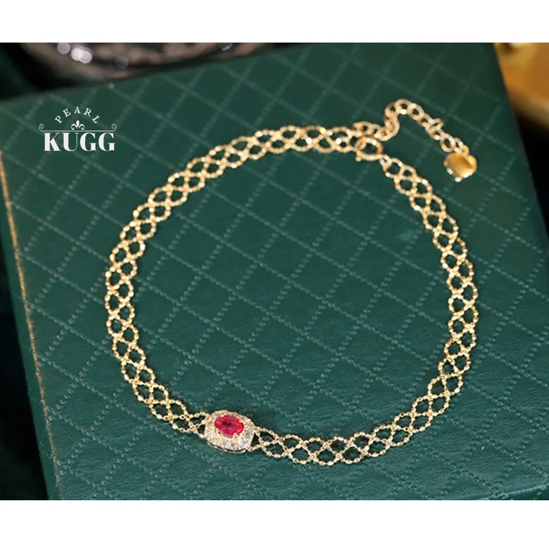 KUGG 100% 18K Yellow Gold Bracelet Shiny Diamond Jewelry Natural Ruby Engagement Bracelet for Women High Birthday Gift