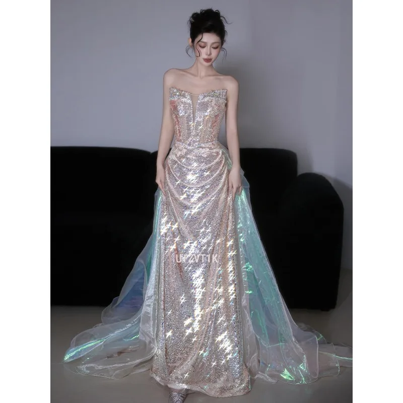 Luxo formal vestidos de festa à noite mulher sem alças lantejoulas vestido de baile com contas até o chão sereia casamento vestidos de noiva