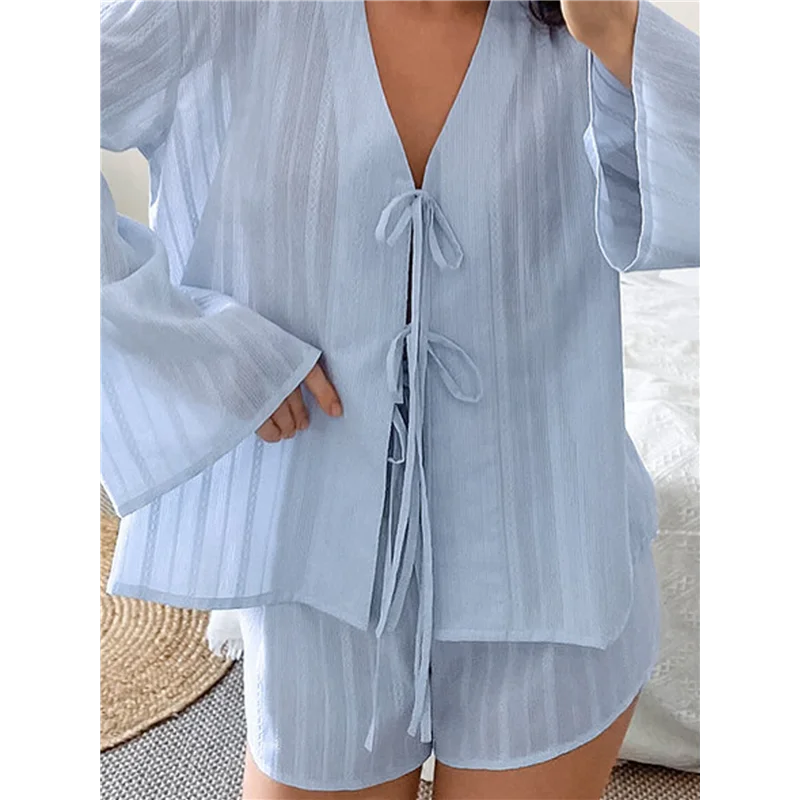 

【】Women's Summer Pajama V-Neck 2-Piece Outfit Long Sleeve Shirt Matching Loose High Waist Mini Shorts Sets