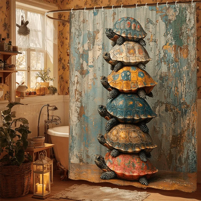 Giant Stacked Turtle Shower Curtain Bathroom Decor Tropical Nature Art Print Waterproof Shower Curtain Liner