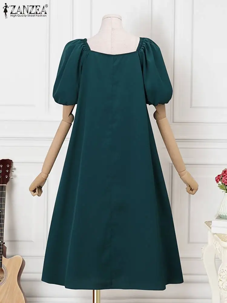 ZANZEA damska krótki bufiasty rękaw impreza Vestidos z kwadratowym dekoltem Midi sukienka elegancka koreańska moda rekreacyjna w jednolitym fartuchowym stylu