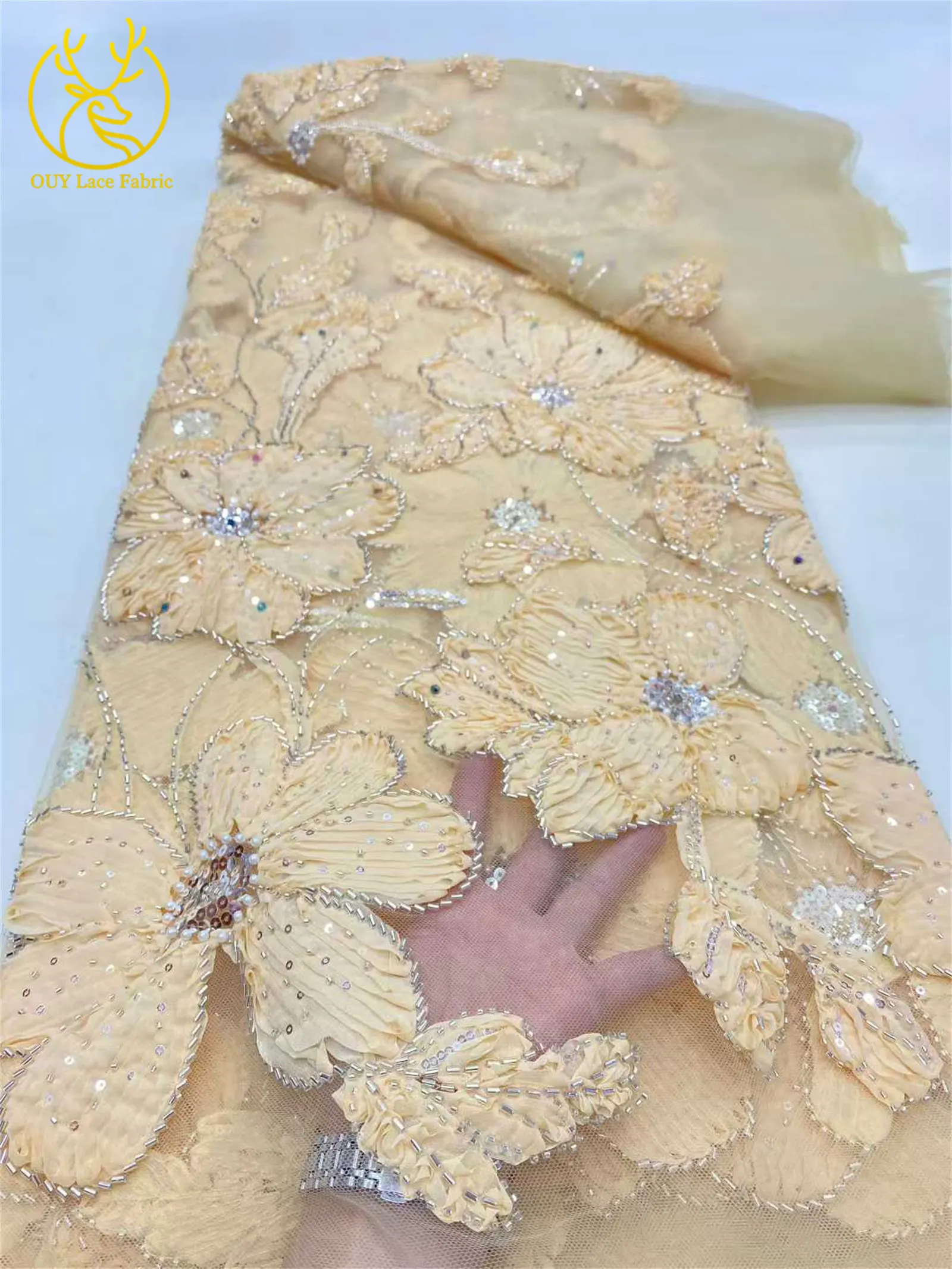 Africano Nigeriano Paillettes In Rilievo Tulle Tessuto di Pizzo 2025 di Alta Qualità Francese 3D Fiore Ricamo Per Abiti Da Ballo di Lusso 5 Metri