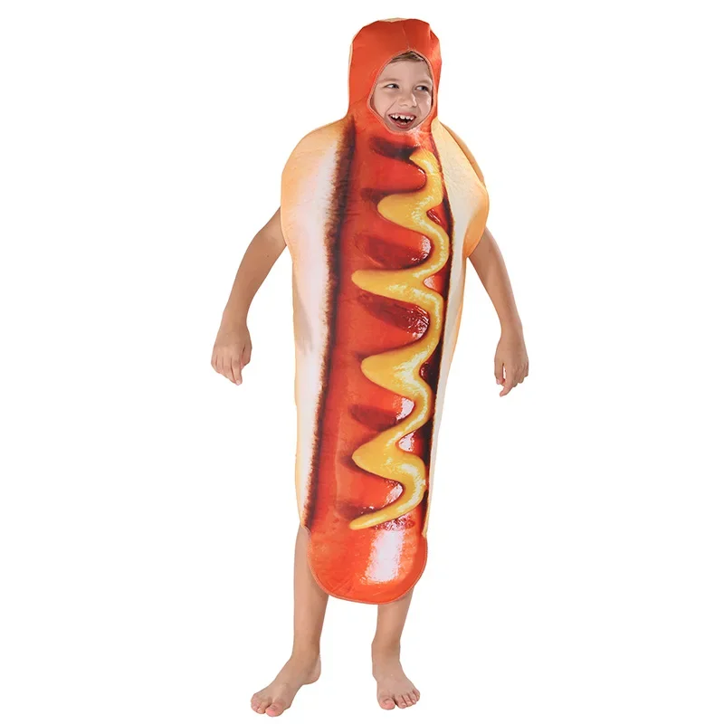 Adult Kids Funny 3D Print Hot Dog Costumes Halloween Food Sausage Men Women Boys Unisex One-Piece Costume Carnival Jumpsuit