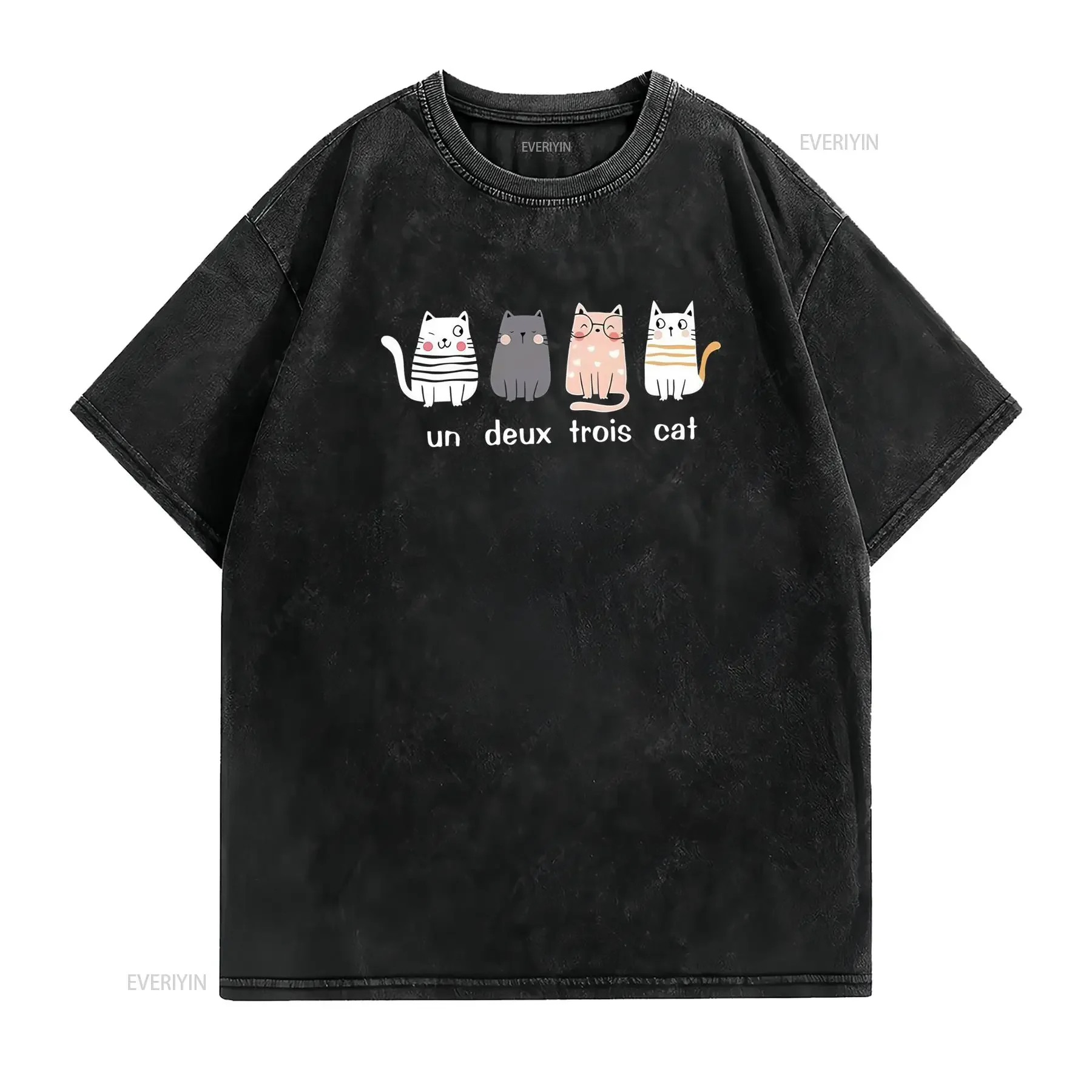 T shirt da donna French Un Deux Trois Design cartone animato carino con testo 1 2 3 girocollo casual gatti colorati neri homme
