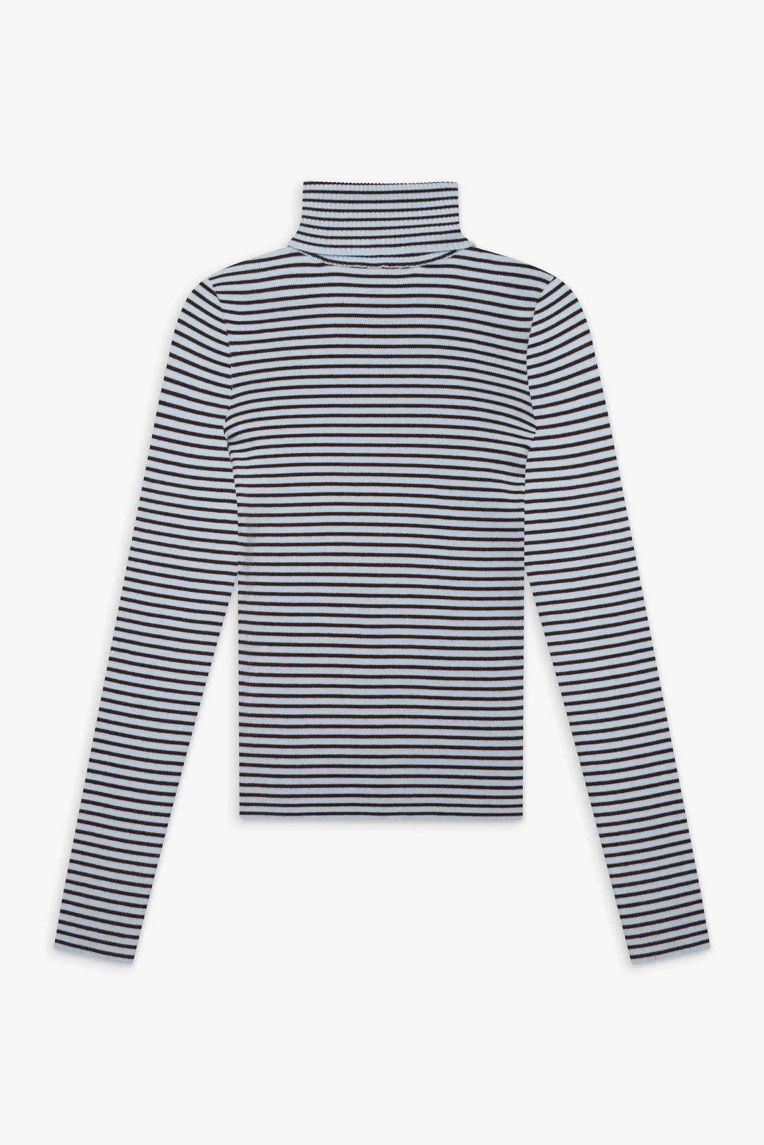 Frankies slim knit in blue and white stripes with turtleneck bottoms on the shoulders for a slimming look