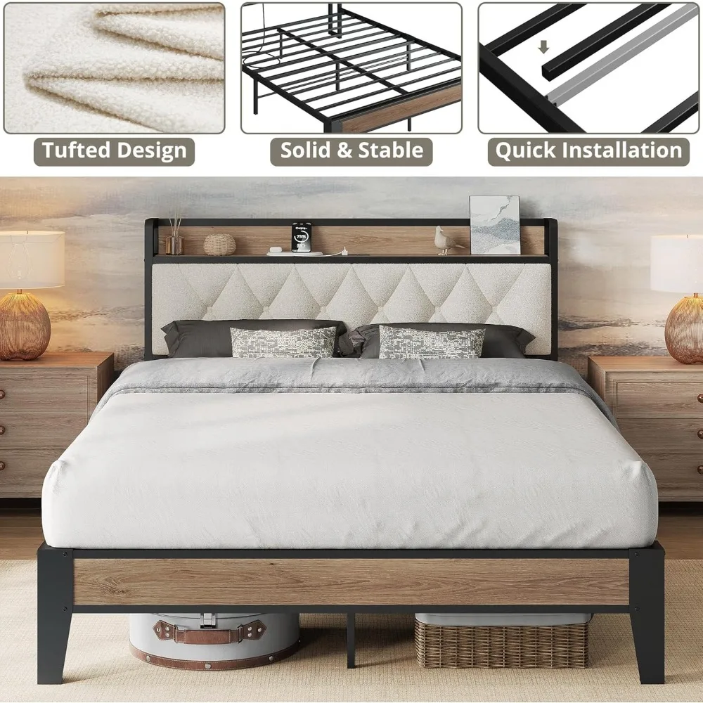 إطار سرير، لوح رأسي للتخزين مع قاعدة شحن، إطار سرير بمنصة مع دعم معدني قوي، قوي ومستقر