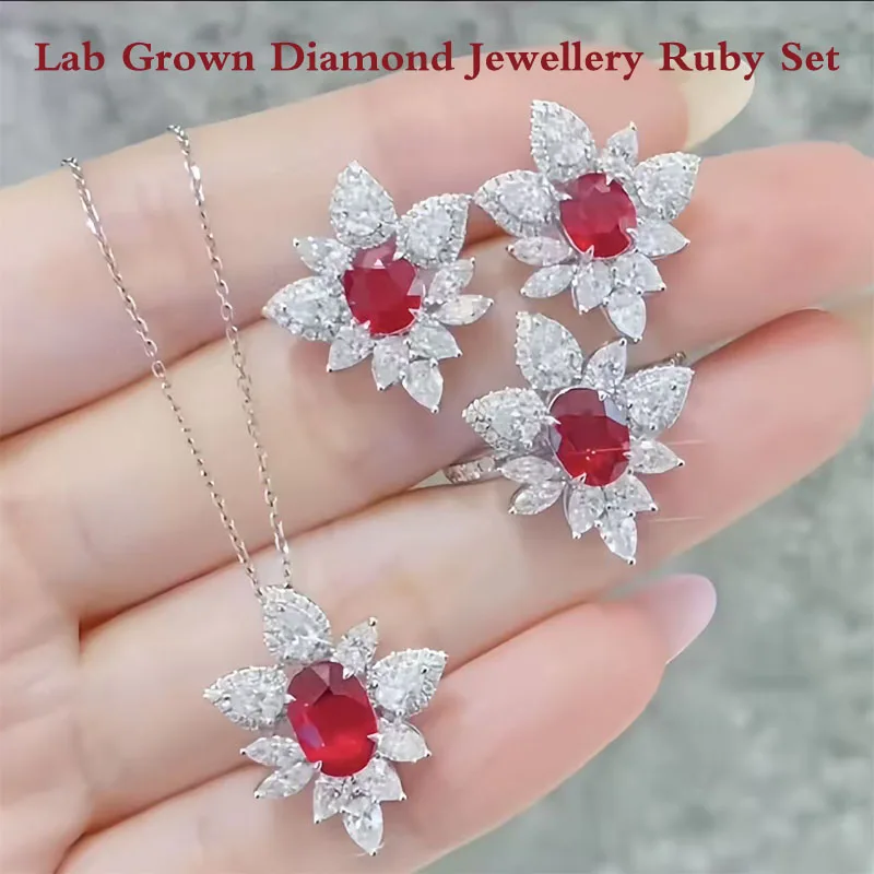 

Solid 14k White Gold&Platinum&925 Silver Lab Grown Ruby Diamond Jewelry Set (Necklace Ruby 1ct Earrings Ruby 1ctw Ring Ruby 1ct)