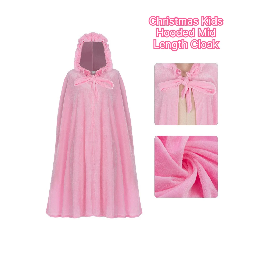 Christmas Girls Pink And Blue Ruffled Trim Hooded Princess Cape Kids Mid Length Warm Winter Cloak Sweet Windproof Outerwear Coat
