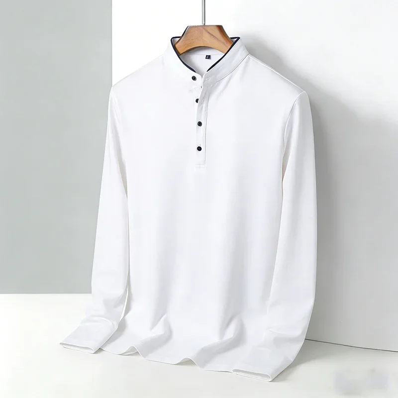 Men's Casual 2026 Mandarin Collar Long Sleeve Polo Shirt Slim Fit Soft Stretch Office Top