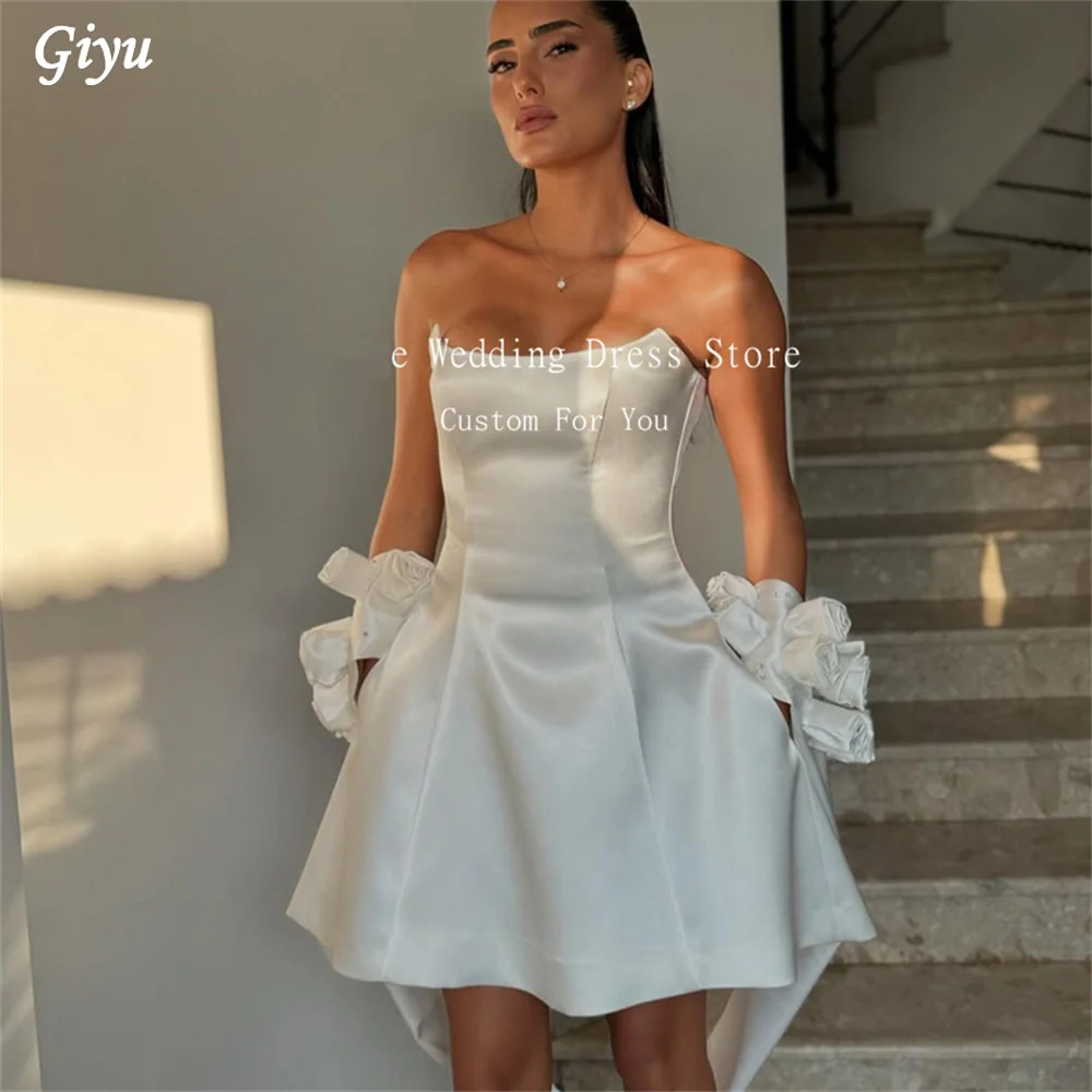 Giyu Simple Short Wedding Dress With Shawl 3D Handmade Flowers Bridal Gowns Lace Up Back Vestido De Noiva Com Calda Customized