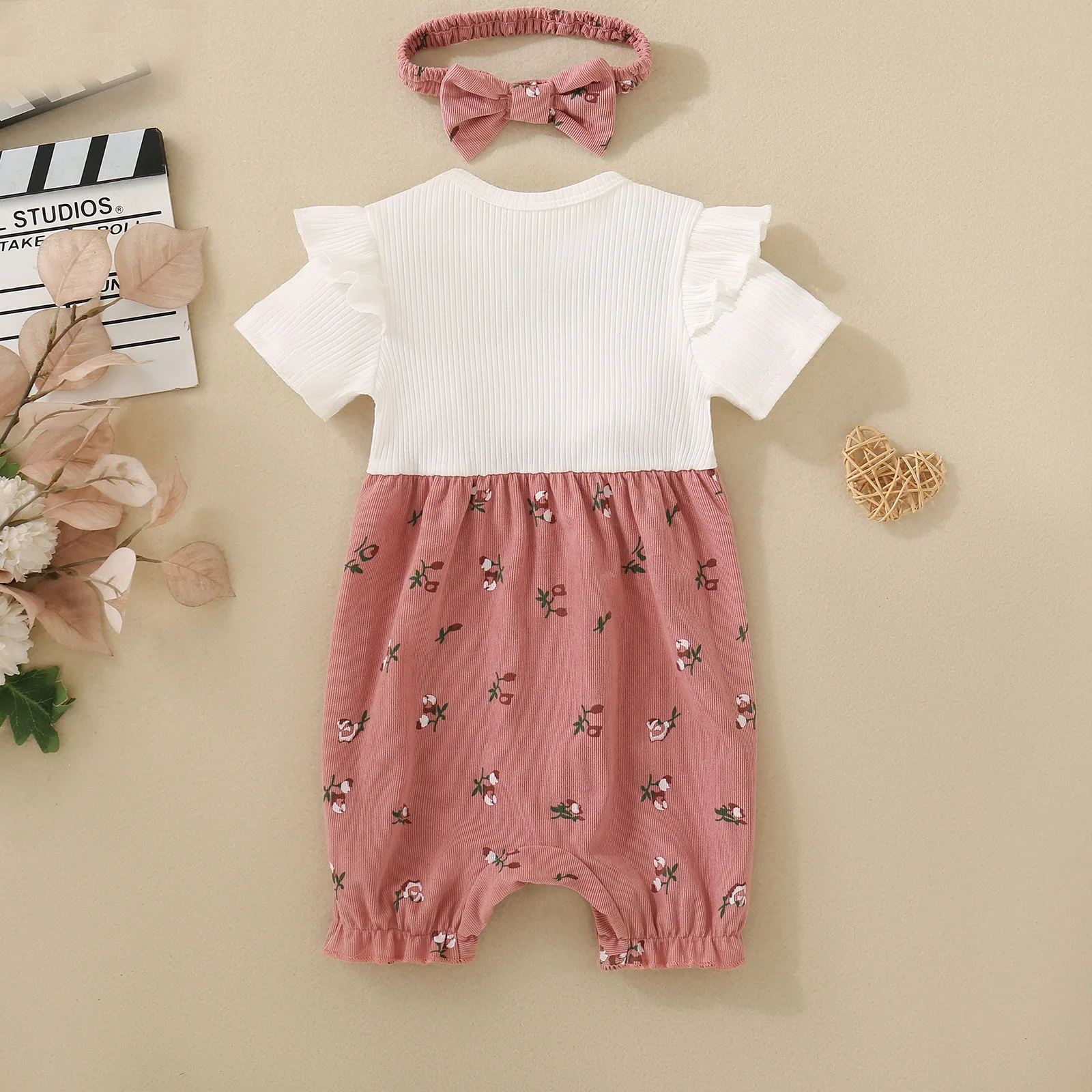 Summer female infant floral print short-sleeved overalls and bow headgear