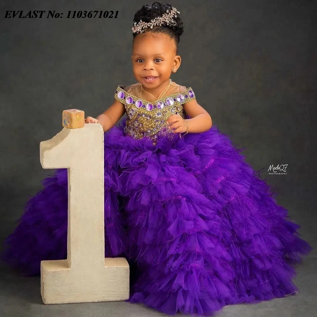 EVLAST Customized Purple Little Girls Birthday Dress Sequined Flower Girl Dress For Weddings Holy Communion Gowns Tiered FD54