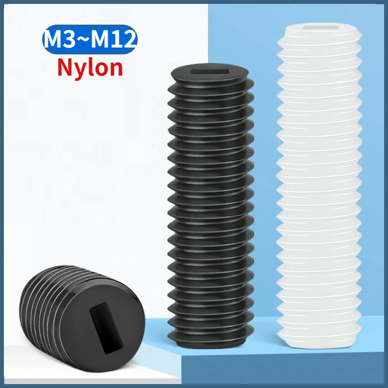 M3 M4 M5 M6 M8 M10 M12 Black/White Nylon Slotted Flat End Point Set Screw Plastic Insulated No Head Headless Grub Bolt