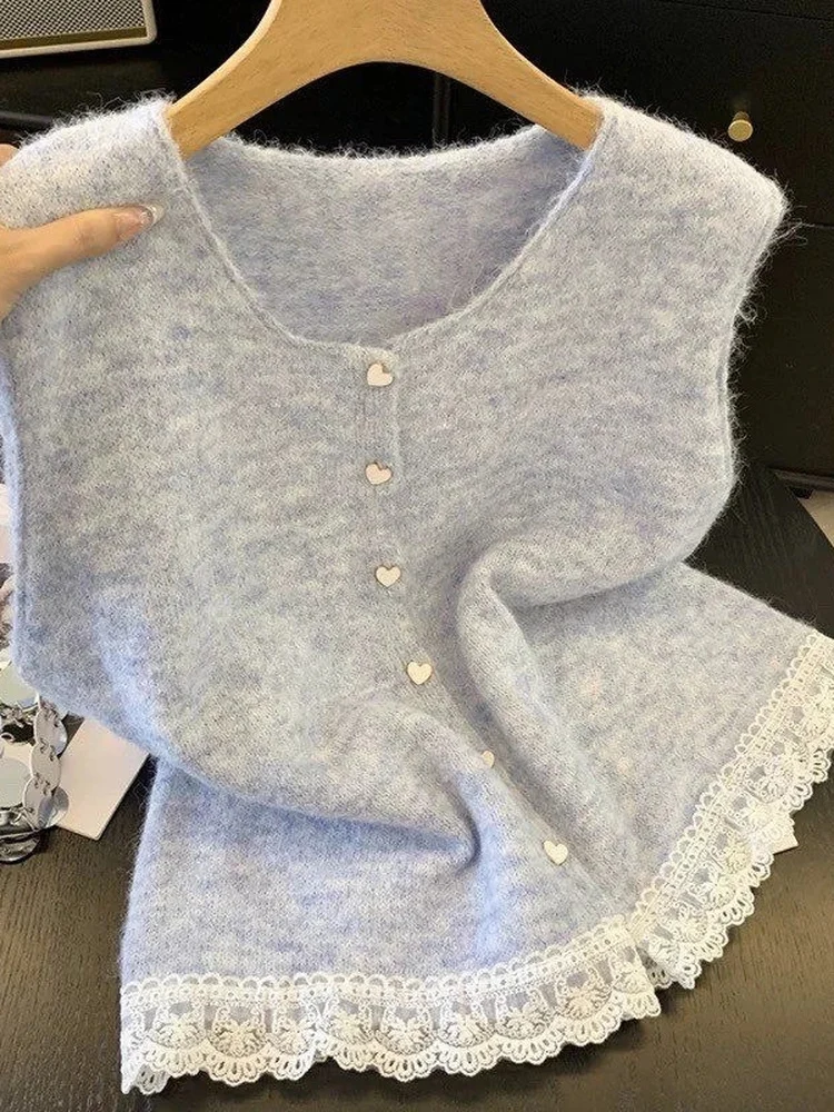 Sweet Lace Trim Splice Knitted Vest Cardigan Women Spring Autumn Winter New Outerwear Inner Match Soft Top French Style Regul...