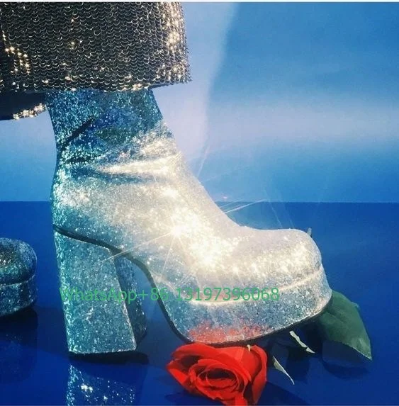 

Lady sliver bling sequin design ankle Mary Jane boots dance dress elegant punk boots footwear size T show daily high heels boots