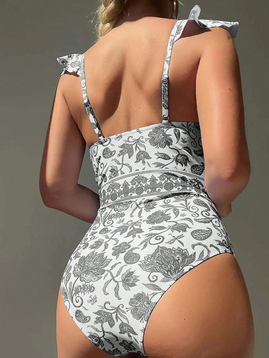 2023 Printed Swimsuit One Piece Ruffle Trim Push Up Swimwear Women Sexy Bathers Bathing Swimming Swim Suit Female Beachwear XXL