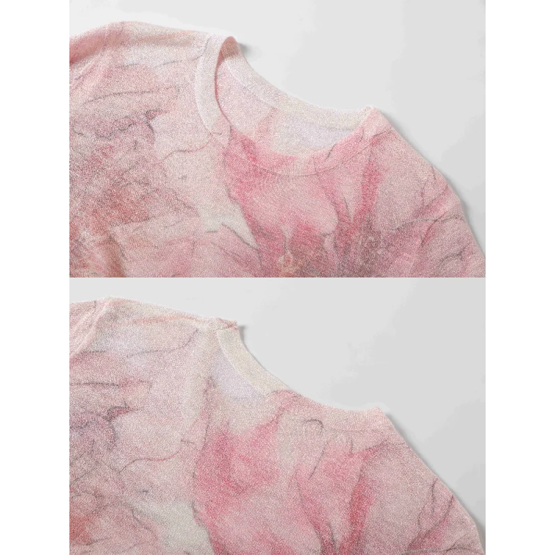 Pull tricoté à col rond pour femmes, manches courtes, bas solide, impression et teinture, haut décontracté