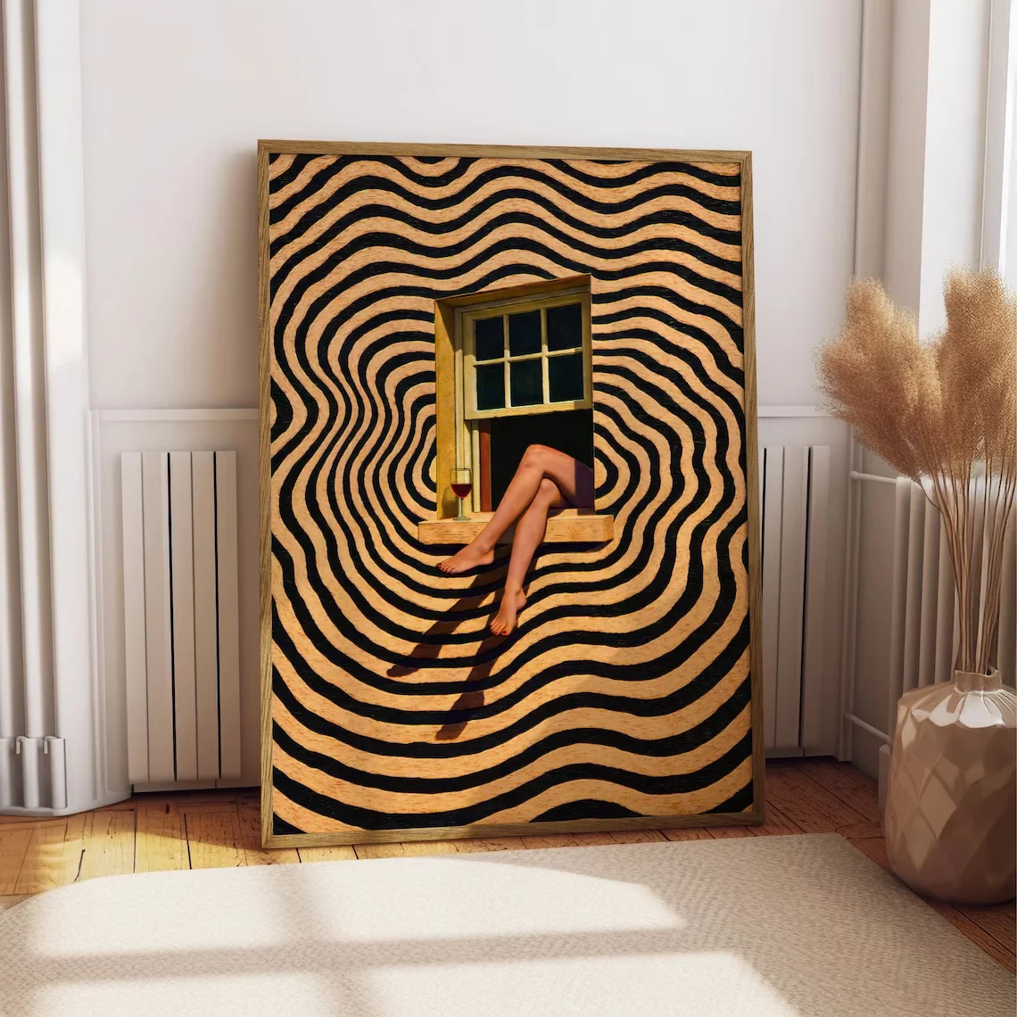 1PC frameless decorative art print,Woman Legs in Window Art Poster, Minimalist Abstract Wall Art, Retro Surreal Window Art Print